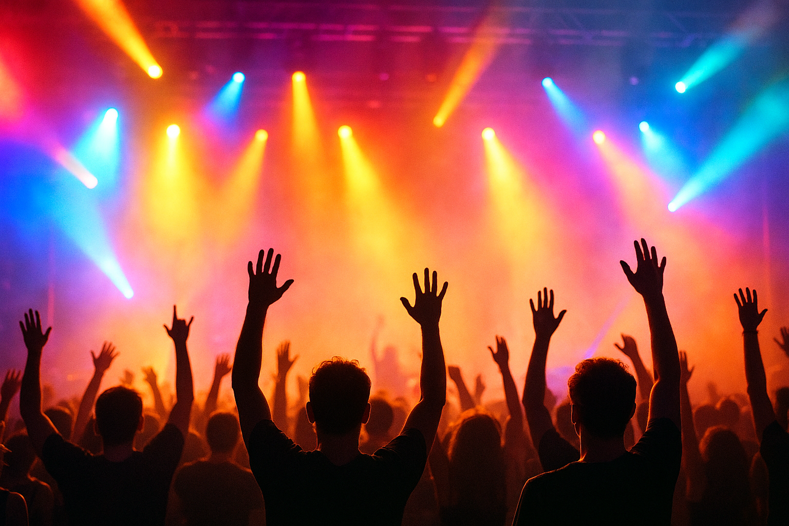 crowd in a concert with hand up